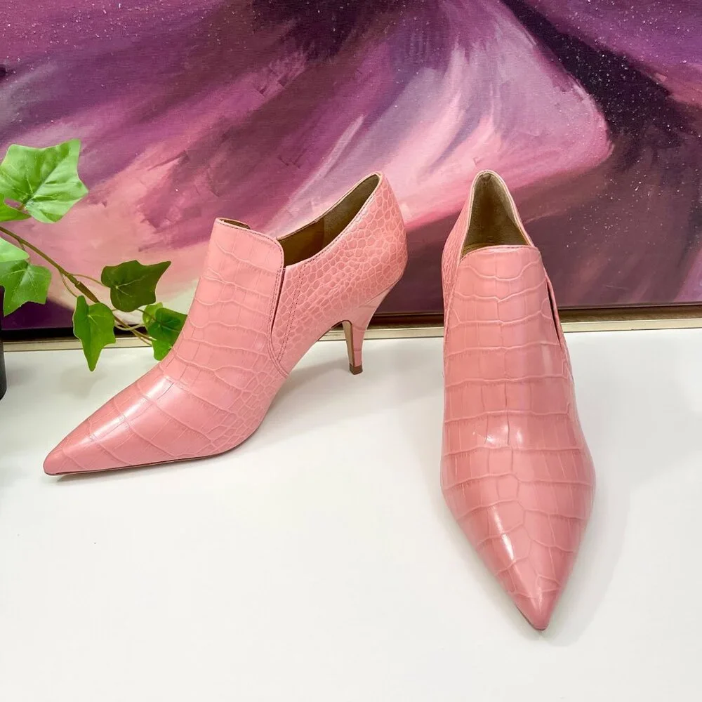 Tory Burch Pink Croc-Embossed Pointed Toe Ankle Booties